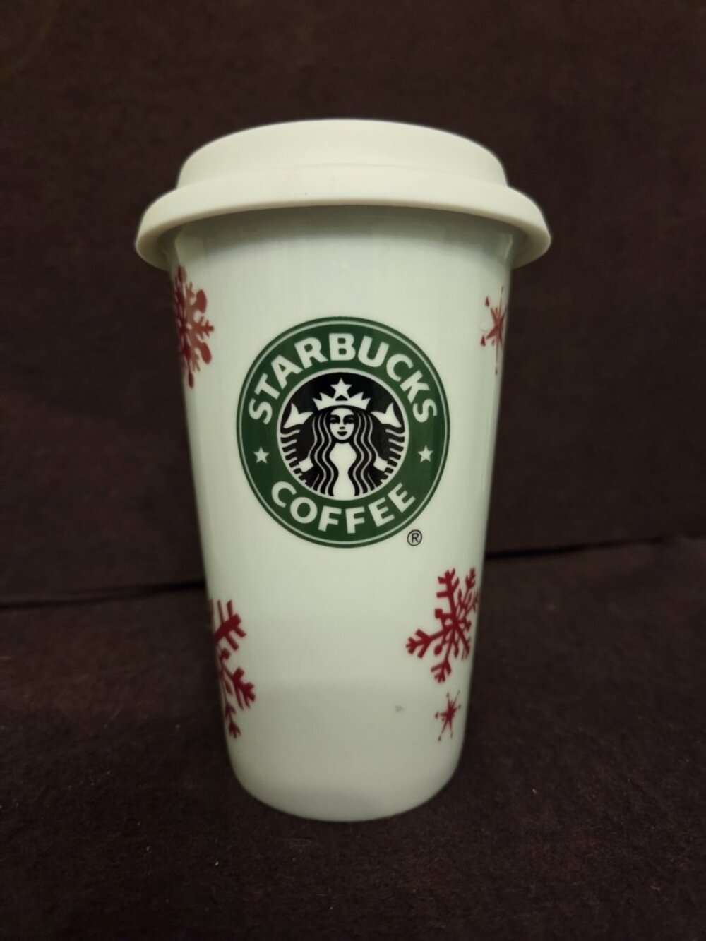 Tall Starbucks Christmas Coffee mug Snowflakes 2010 Tumbler Lid